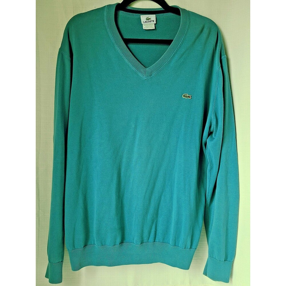 Lacoste Men's V-Neck Sweater Size 7 (XL) Teal Green 100% Cotton Classic Fit